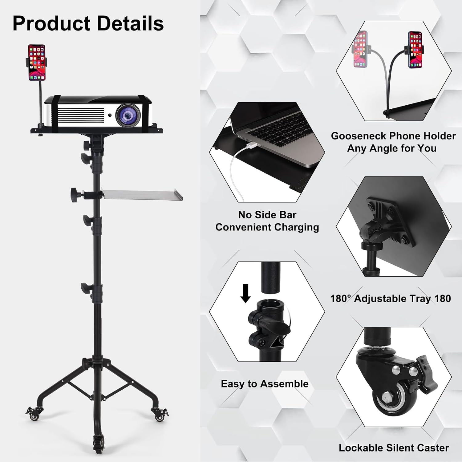 Portable Projector Stand with Wheels, Adjustable Height