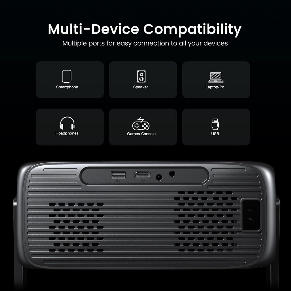 2000 ANSI 4K Smart Projector – Outdoor/Indoor, WiFi, Bluetooth, Dolby, 270° Stand