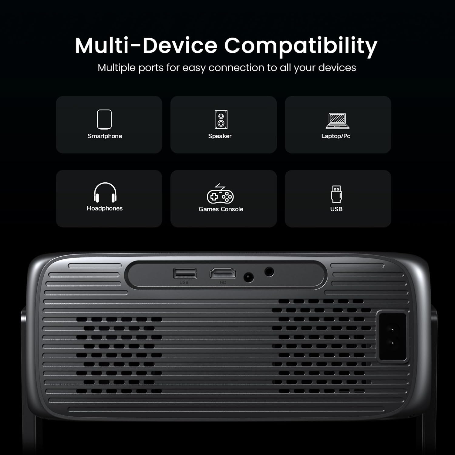 2000 ANSI 4K Smart Projector – Outdoor/Indoor, WiFi, Bluetooth, Dolby, 270° Stand