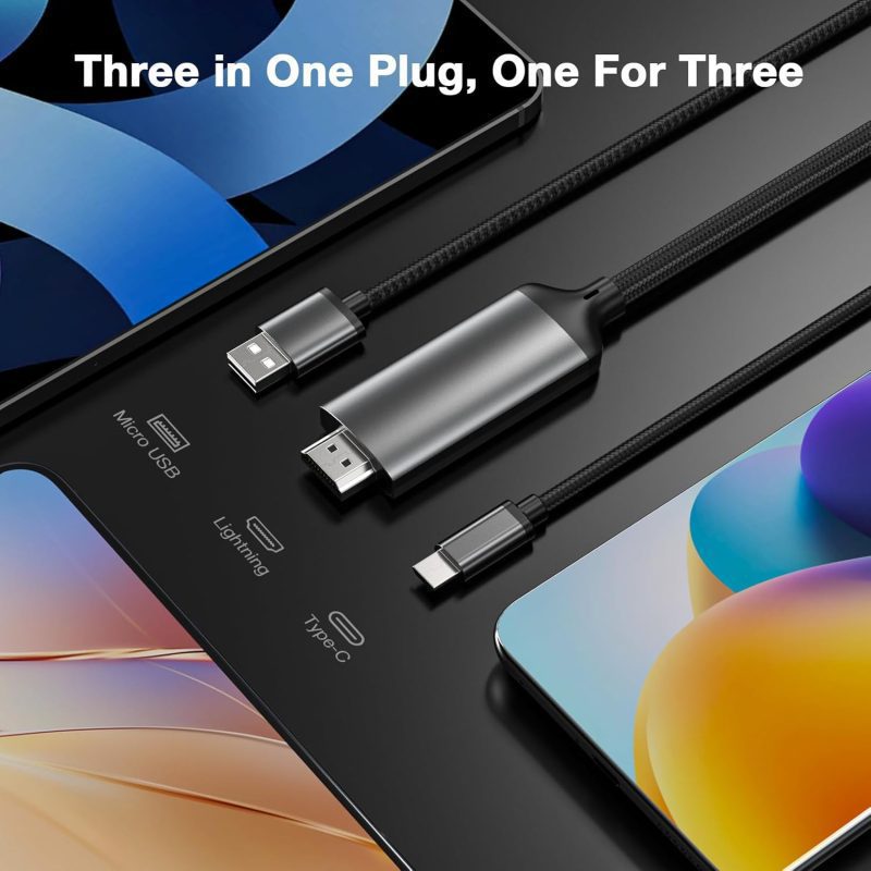 3 in 1 Phone HDMI Cable, Lighting HDMI Cable, Phone to Projector Adapter